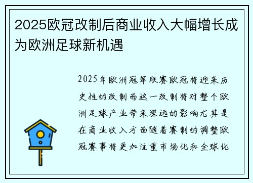 2025欧冠改制后商业收入大幅增长成为欧洲足球新机遇
