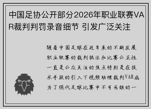 中国足协公开部分2026年职业联赛VAR裁判判罚录音细节 引发广泛关注